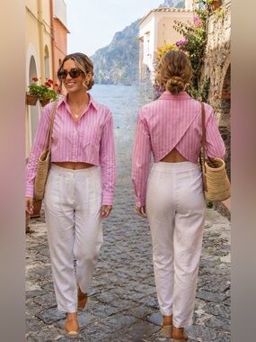 ZARA Cropped Pink Striped Button-Up Shirt size small